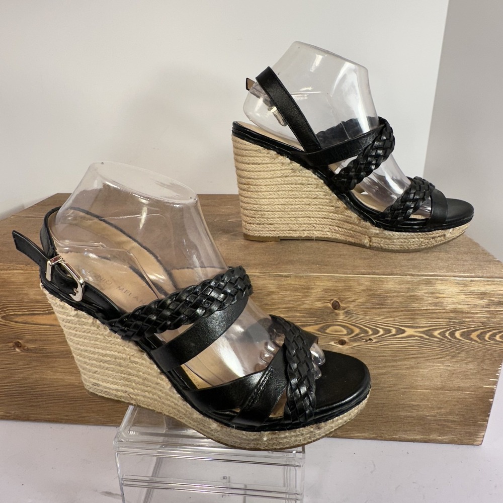 ANTONIO MELANI Women SZ 8.5-9 Black Leather Strappy Platform Wedges Sandals Boho - Picture 2 of 11